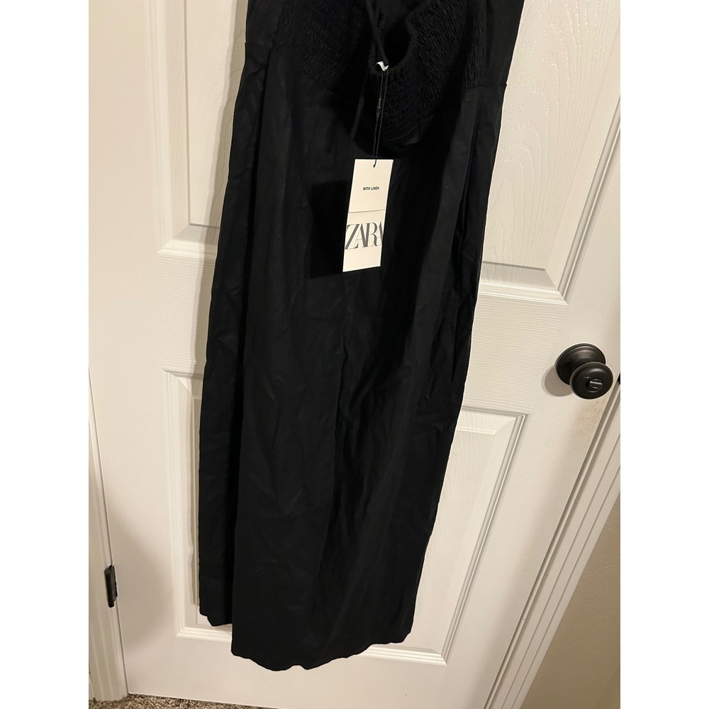 Zara Black Linen Blend Midi Dress Spaghetti Strap Cut Out Back NWT - Picture 6 of 7